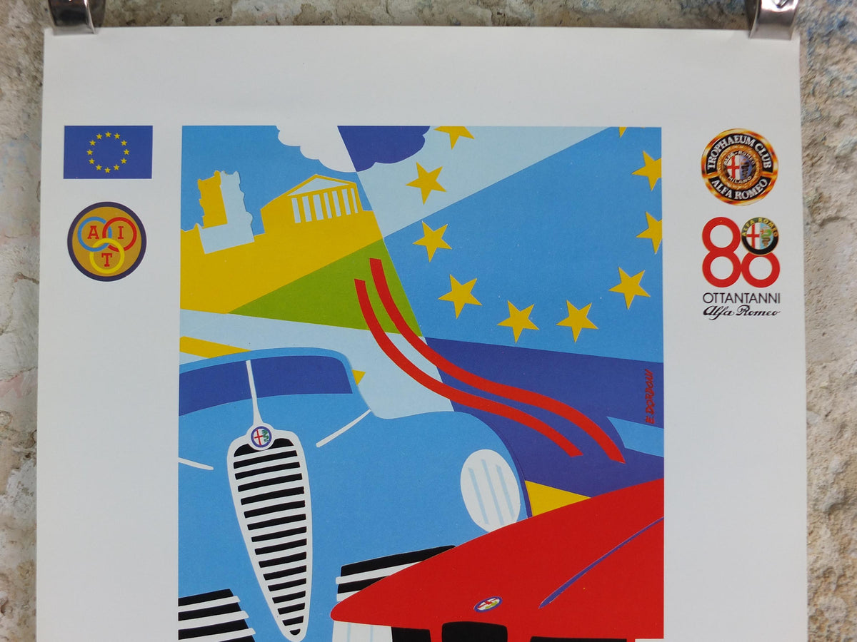 1990 Alfa Romeo EU Poster, EU12 Eurotrophaeum, 80th anniversary of Alfa Romeo, Ottantanni, art deco style by Enrico Dordoni, wall art decor