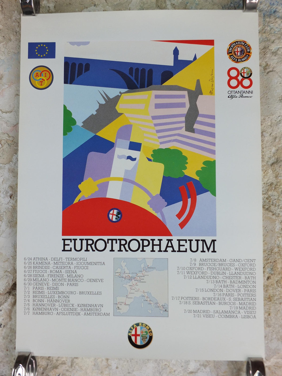 1990 Alfa Romeo Luxemburg Poster, Eurotrophaeum 80th anniversary of Alfa Romeo, Ottantanni, art deco style by Enrico Dordoni, wall art decor