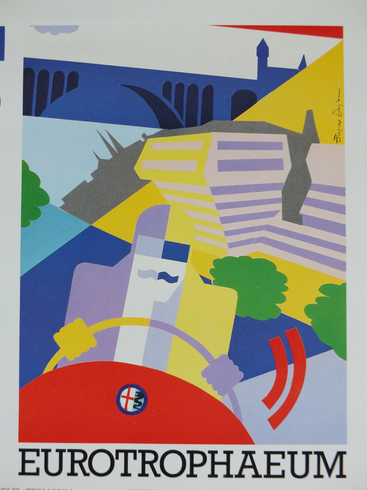 1990 Alfa Romeo Luxemburg Poster, Eurotrophaeum 80th anniversary of Alfa Romeo, Ottantanni, art deco style by Enrico Dordoni, wall art decor