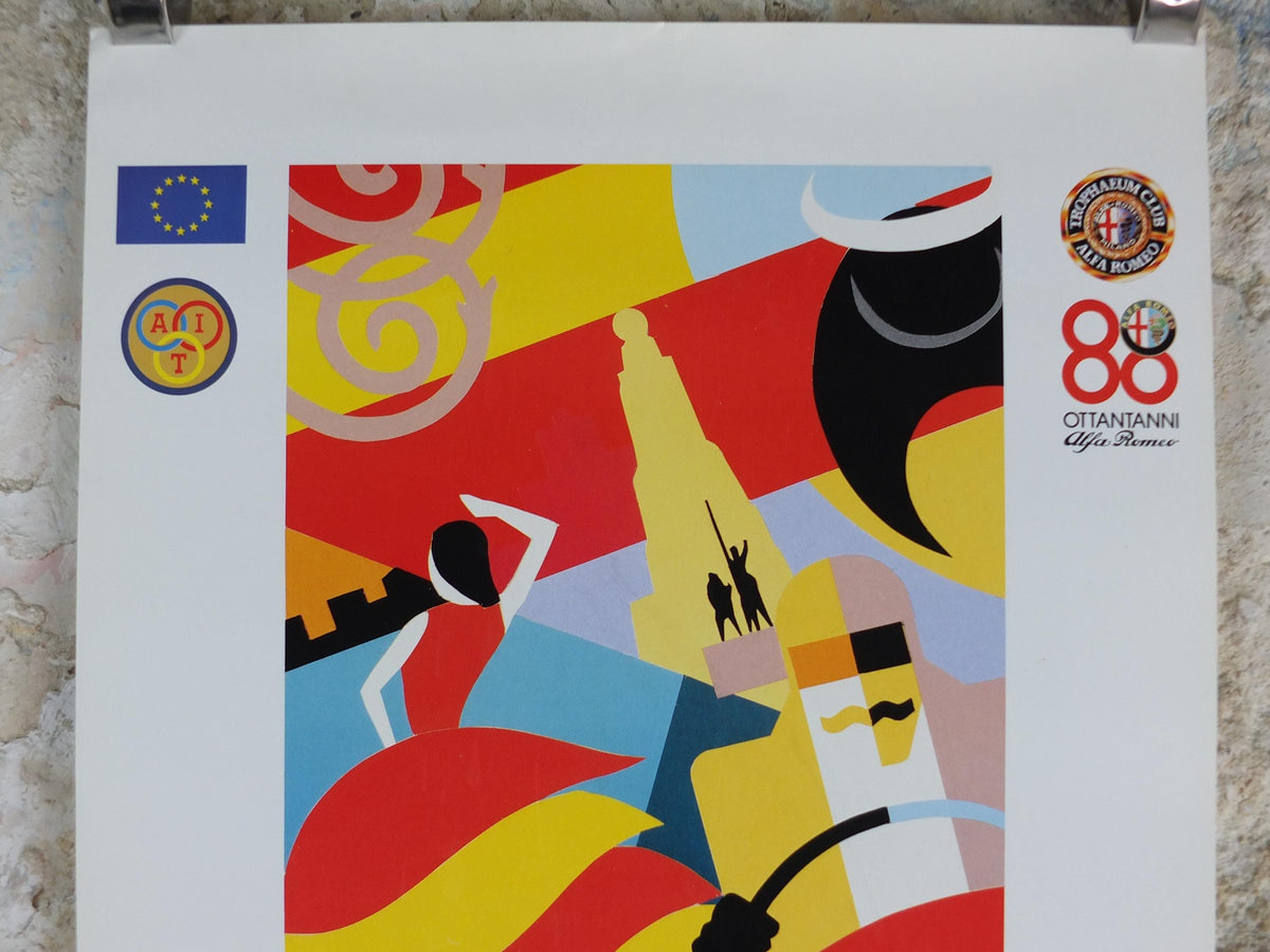 1990 Alfa Romeo Spain Poster, Madrid Eurotrophaeum, 80th anniversary, Ottantanni, art deco style by Enrico Dordoni, wall art decor