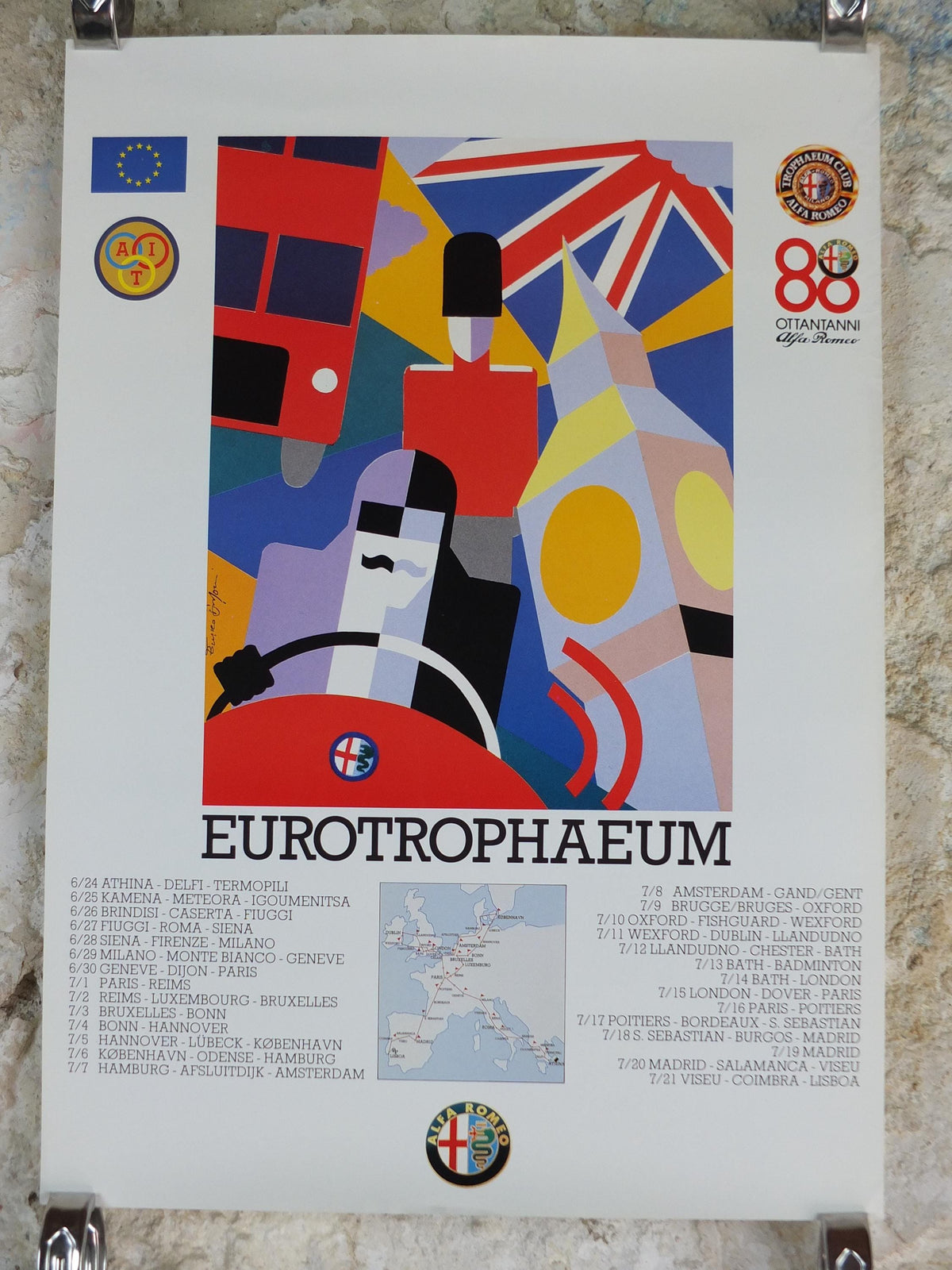 1990 Alfa Romeo United Kingdom Poster, London Eurotrophaeum, 80th anniversary, Ottantanni, art deco style by Enrico Dordoni, wall art decor, Great Britain England