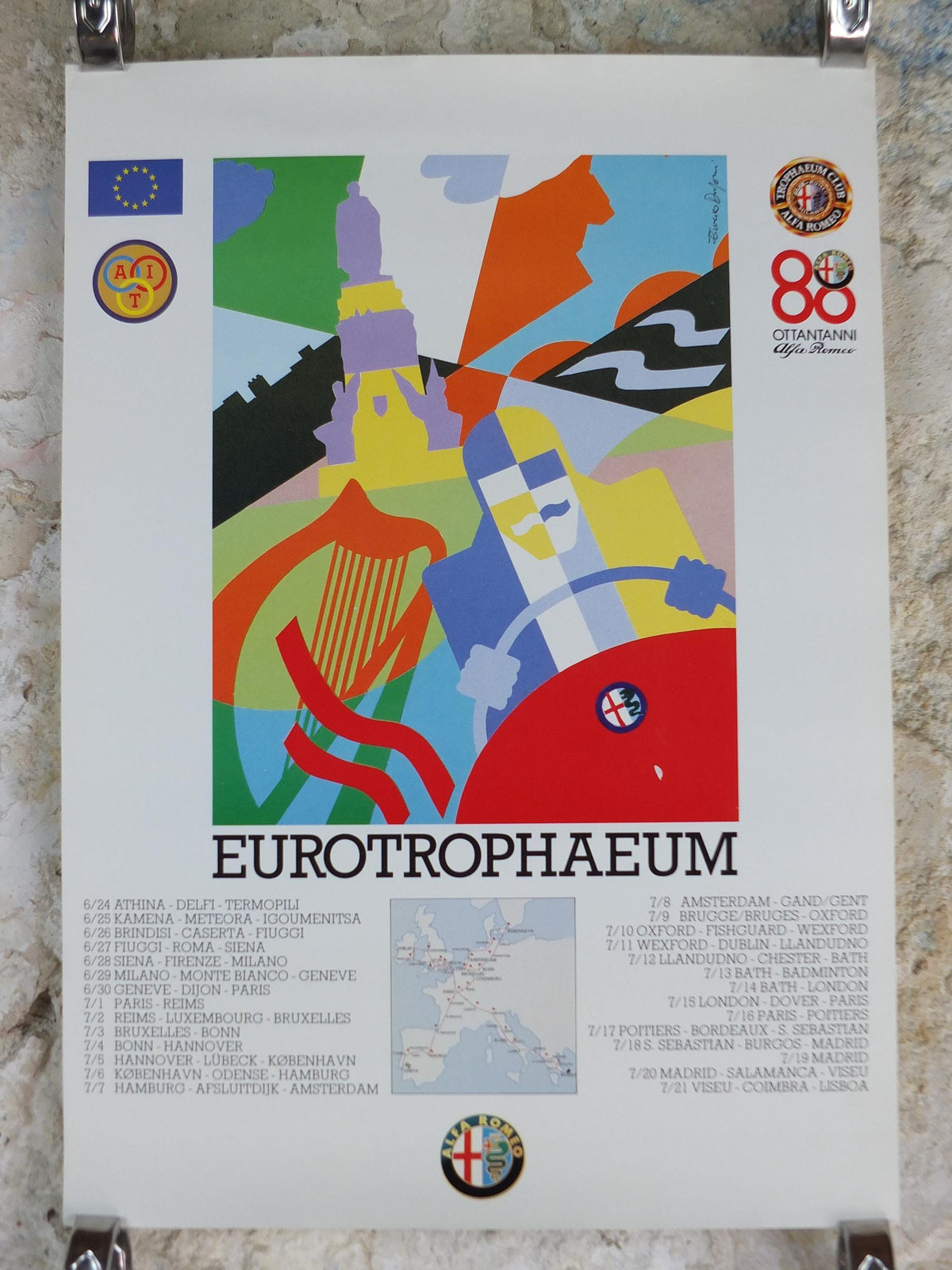 1990 Alfa Romeo Ireland Poster, Dublin Eurotrophaeum, 80th anniversary, Ottantanni, art deco style by Enrico Dordoni, wall art decor