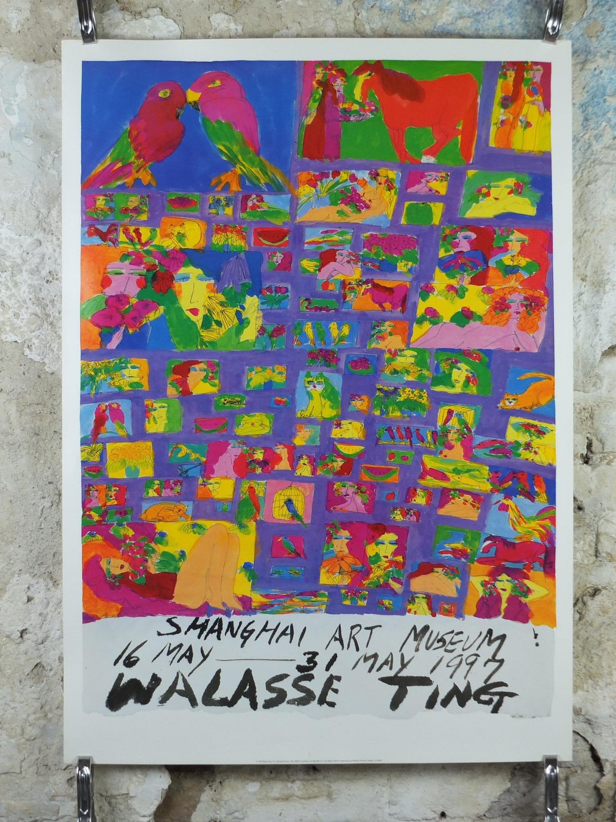 1997 Walasse Ting Poster, People, parrots, horses & flowers, colourful popular figuratism, pop art, gallery exhibition, wall art decor