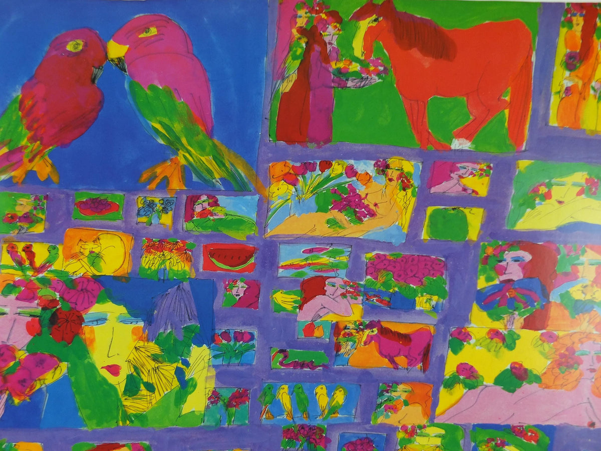 1997 Walasse Ting Poster, People, parrots, horses & flowers, colourful popular figuratism, pop art, gallery exhibition, wall art decor