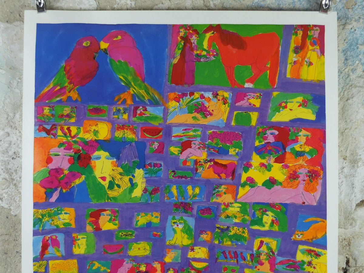 1997 Walasse Ting Poster, People, parrots, horses & flowers, colourful popular figuratism, pop art, gallery exhibition, wall art decor