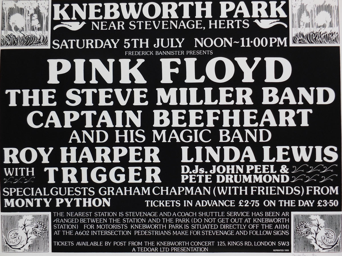 1975 Pink Floyd at Knebworth Park Poster, Signed by Freddy Bannister, 1999 reprint, Psychedelic rock music, wall art