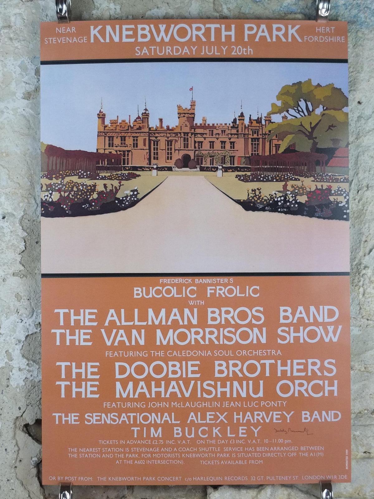 1974 Knebworth Park Concert Poster, Van Morrison, Bucolic Frolic, Signed by Freddy Bannister, 1999 reprint, Psychedelic rock music, wall art