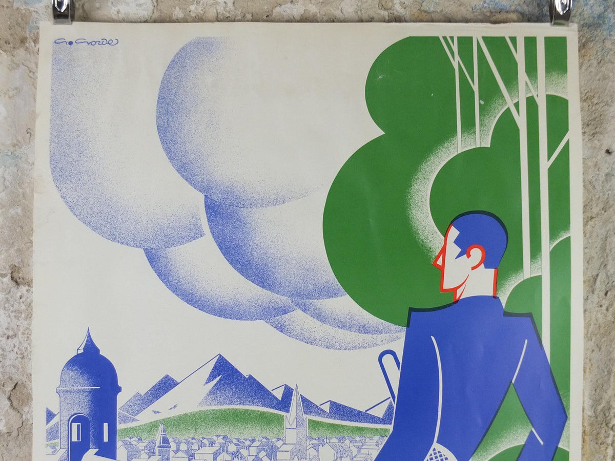 Grenoble Tennis Poster, Jardin des Dauphins by Gaston Gorde, French reproduction of 1930 poster from 1970s, art deco, wall art decor