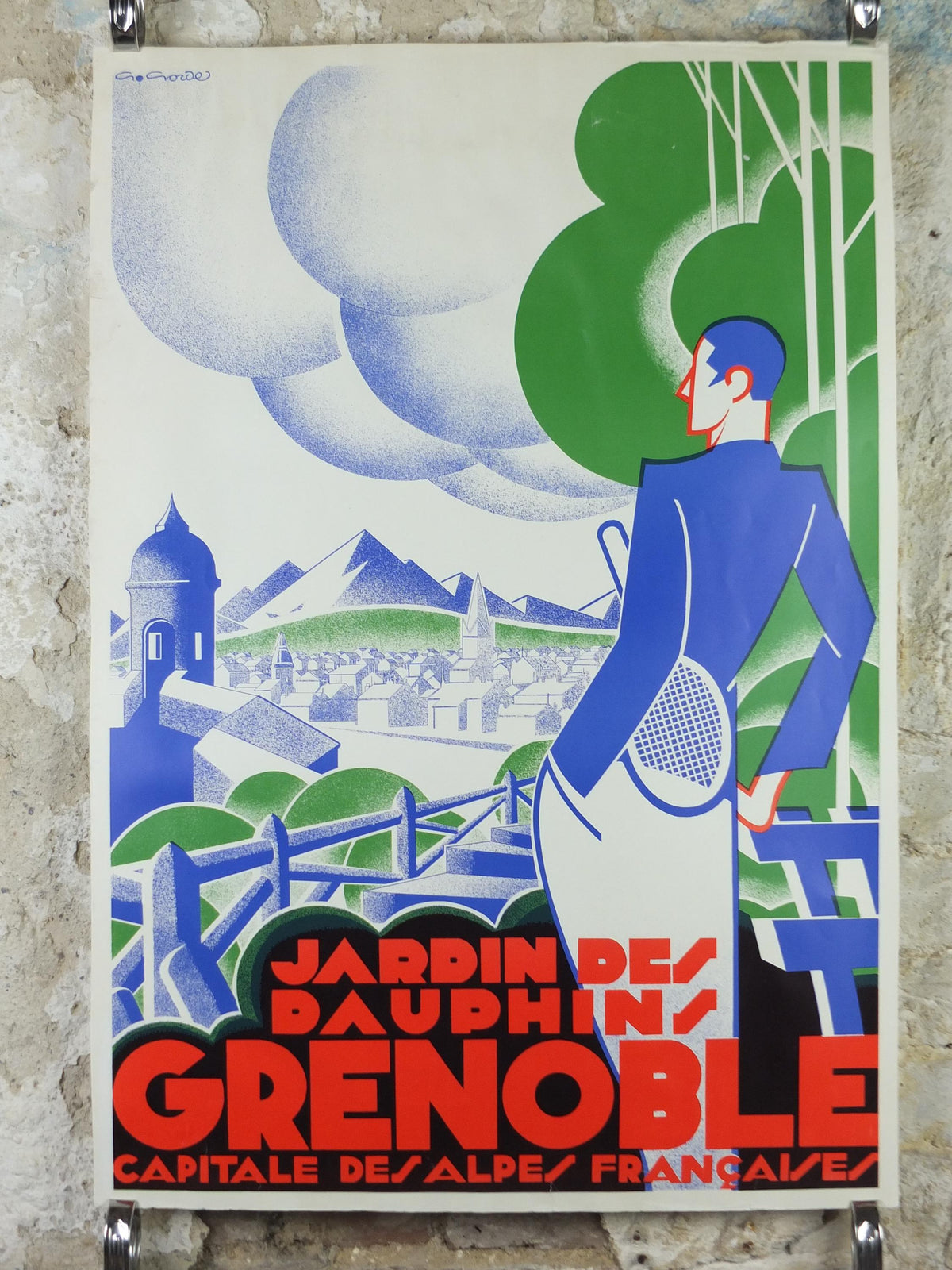 Grenoble Tennis Poster, Jardin des Dauphins by Gaston Gorde, French reproduction of 1930 poster from 1970s, art deco, wall art decor