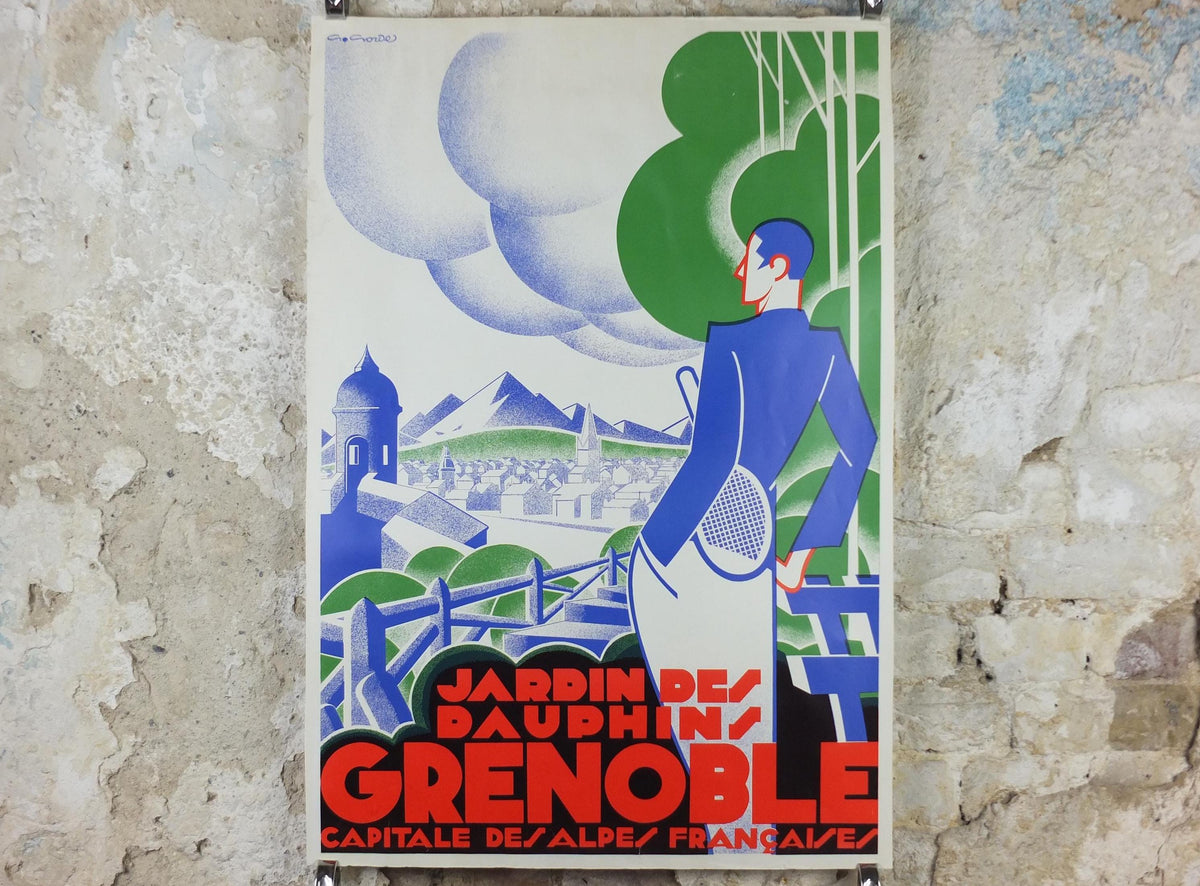 Grenoble Tennis Poster, Jardin des Dauphins by Gaston Gorde, French reproduction of 1930 poster from 1970s, art deco, wall art decor