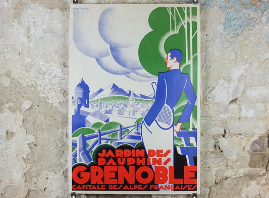 Grenoble Tennis Poster, Jardin des Dauphins by Gaston Gorde, French reproduction of 1930 poster from 1970s, art deco, wall art decor