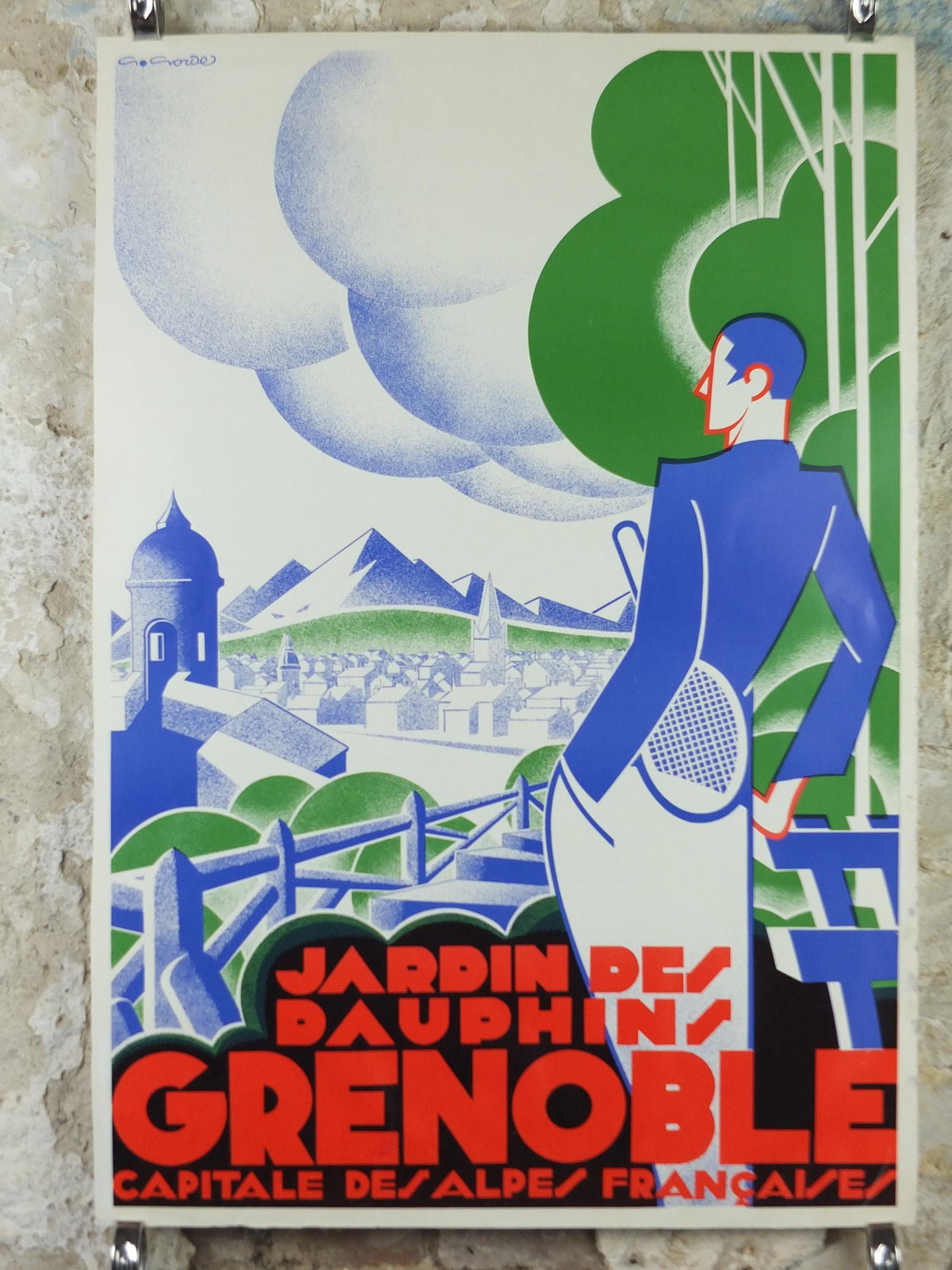 Grenoble Tennis Poster, Jardin des Dauphins by Gaston Gorde, French reproduction of 1930 poster from 1970s, art deco, wall art decor