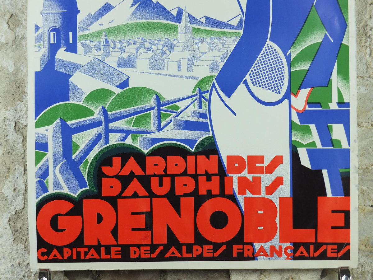 Grenoble Tennis Poster, Jardin des Dauphins by Gaston Gorde, French reproduction of 1930 poster from 1970s, art deco, wall art decor
