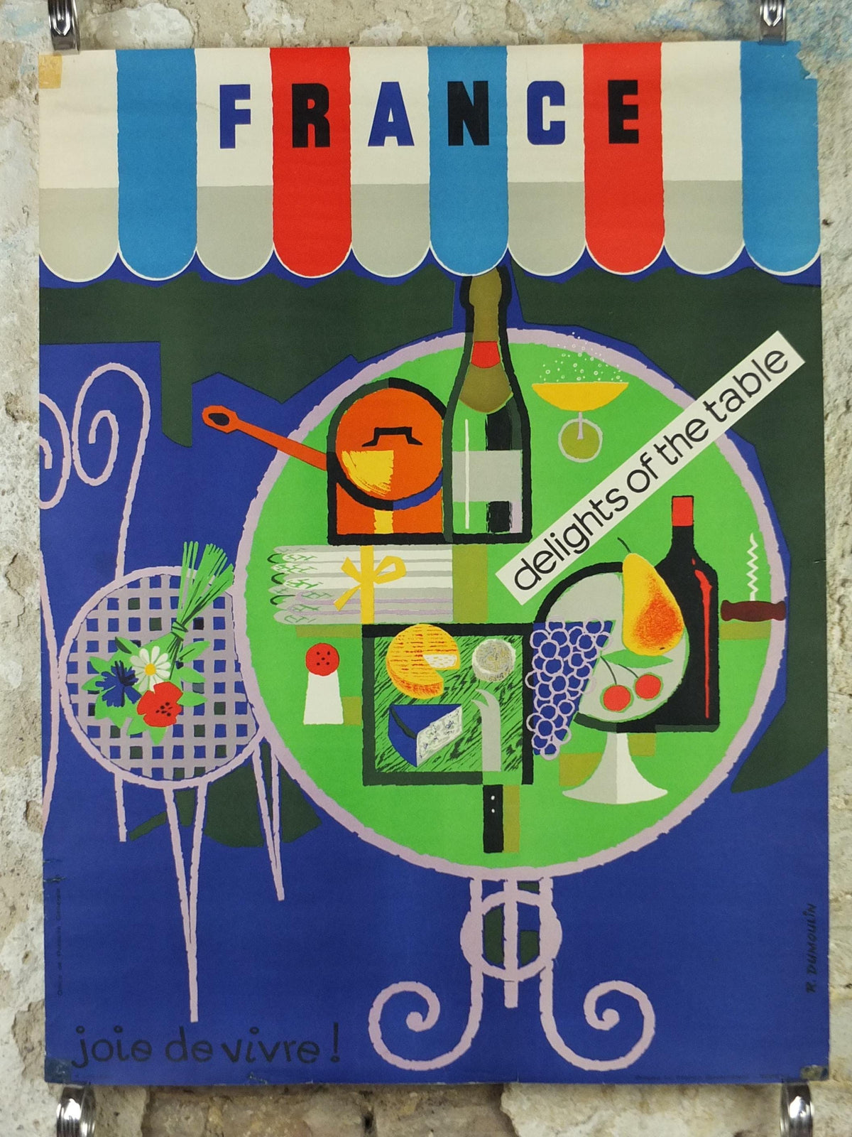 1950s France Delights of the Table Poster, "Joie de Vivre!" by Dumoulin, colourful cafe cheese, wine and fruit, kitchenalia wall art decor