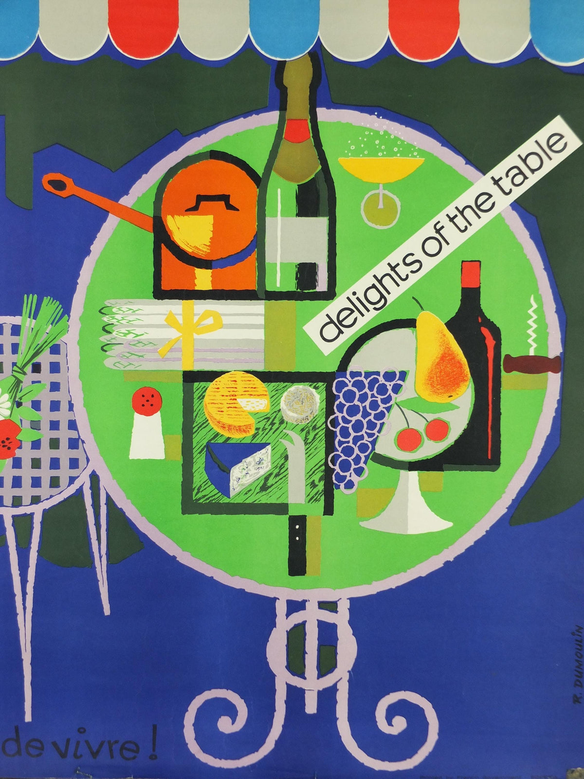 1950s France Delights of the Table Poster, "Joie de Vivre!" by Dumoulin, colourful cafe cheese, wine and fruit, kitchenalia wall art decor