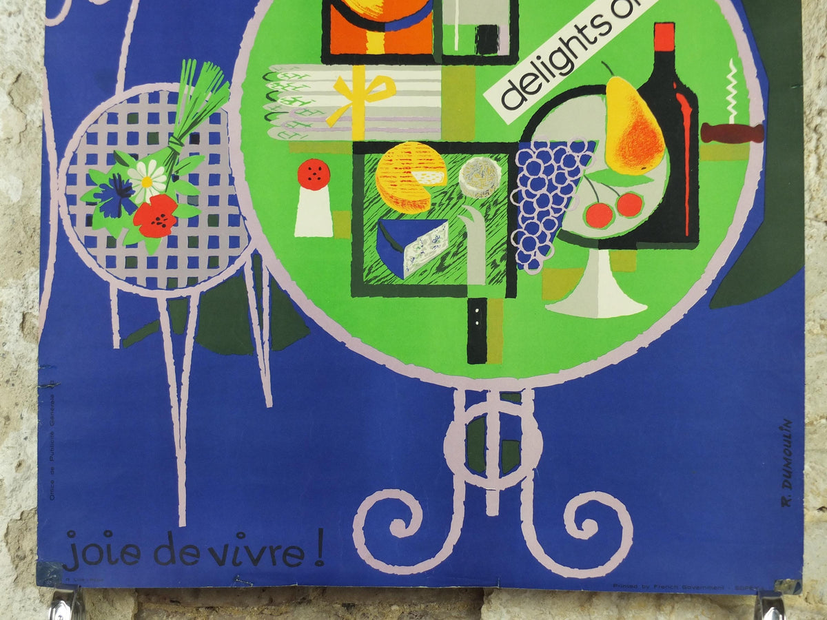 1950s France Delights of the Table Poster, "Joie de Vivre!" by Dumoulin, colourful cafe cheese, wine and fruit, kitchenalia wall art decor