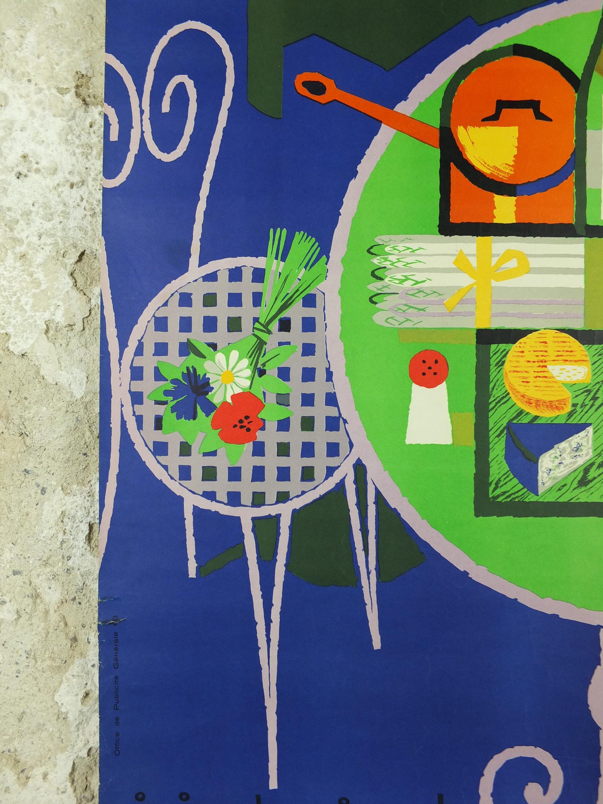 1950s France Delights of the Table Poster, "Joie de Vivre!" by Dumoulin, colourful cafe cheese, wine and fruit, kitchenalia wall art decor