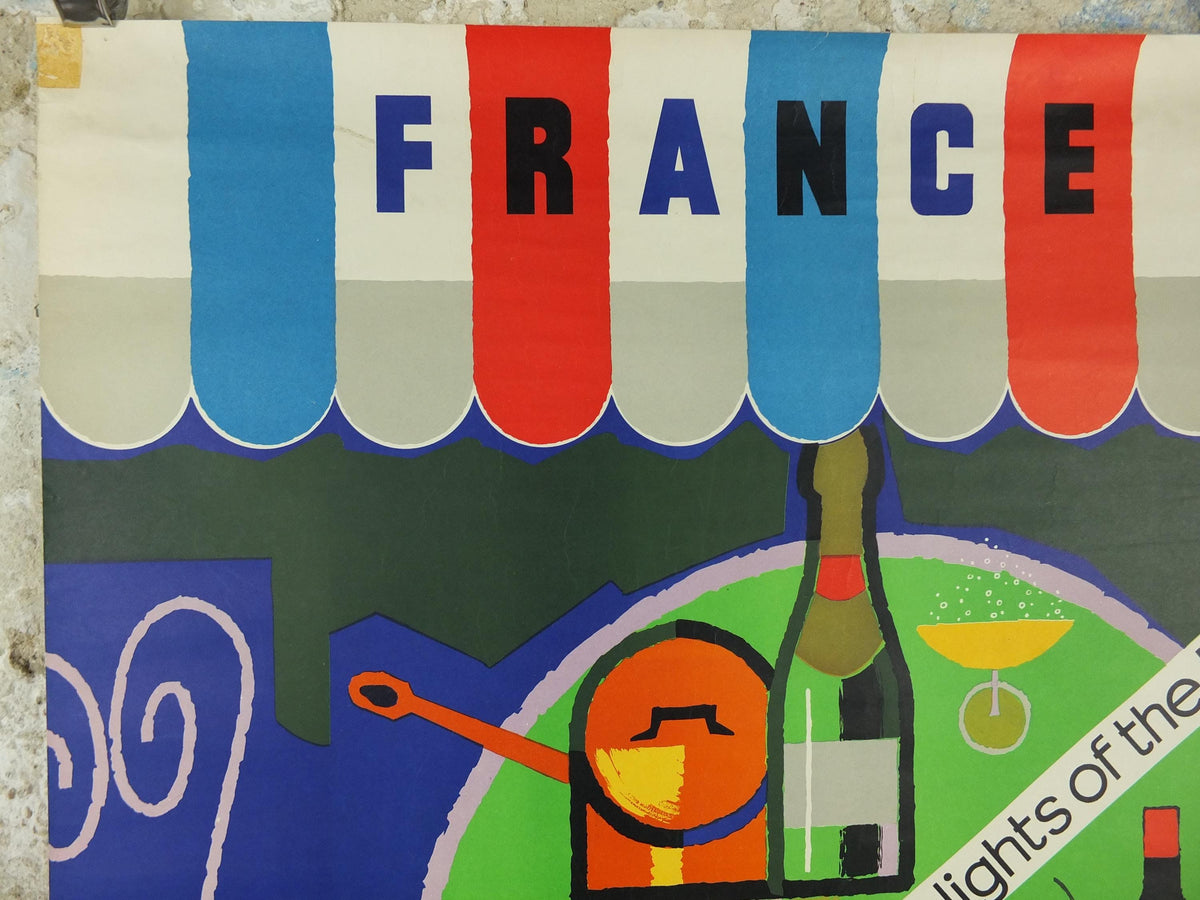 1950s France Delights of the Table Poster, "Joie de Vivre!" by Dumoulin, colourful cafe cheese, wine and fruit, kitchenalia wall art decor