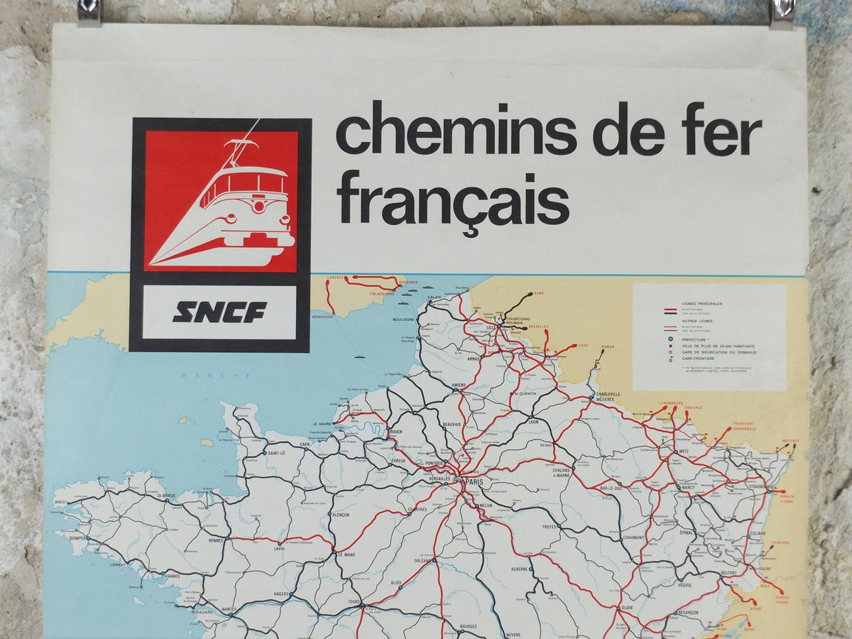 1971 France SNCF Rail Map Poster, French National Railways, Lignes Voyageurs, advertising wall art retro decor