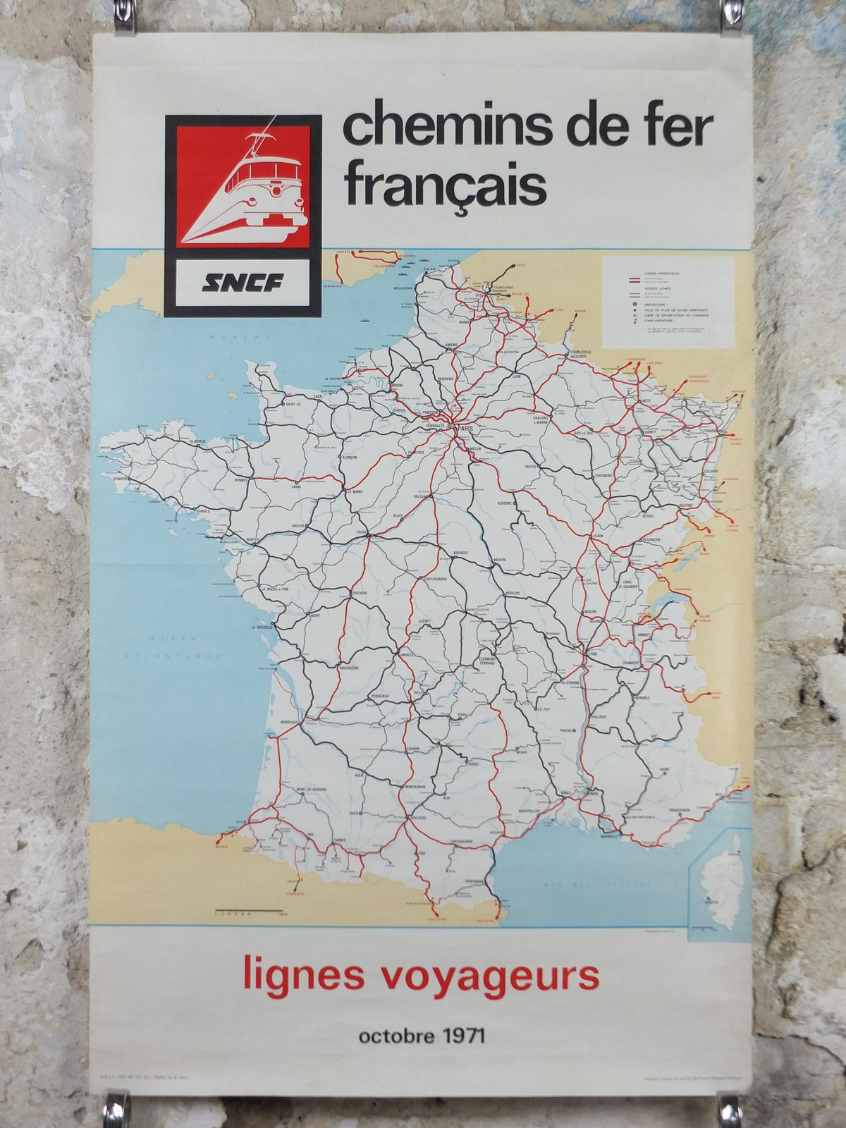 1971 France SNCF Rail Map Poster, French National Railways, Lignes Voyageurs, advertising wall art retro decor