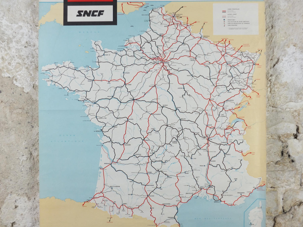 1971 France SNCF Rail Map Poster, French National Railways, Lignes Voyageurs, advertising wall art retro decor