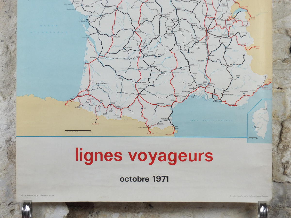 1971 France SNCF Rail Map Poster, French National Railways, Lignes Voyageurs, advertising wall art retro decor