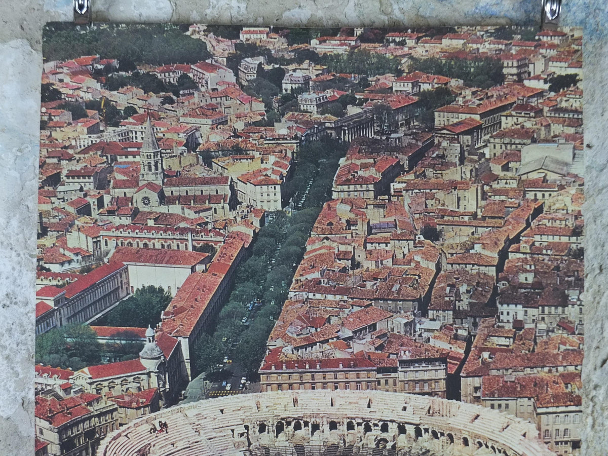 1960s Arena of Nîmes Poster, Provence, France, 1st century Roman amphitheatre architecture, travel wall art decor