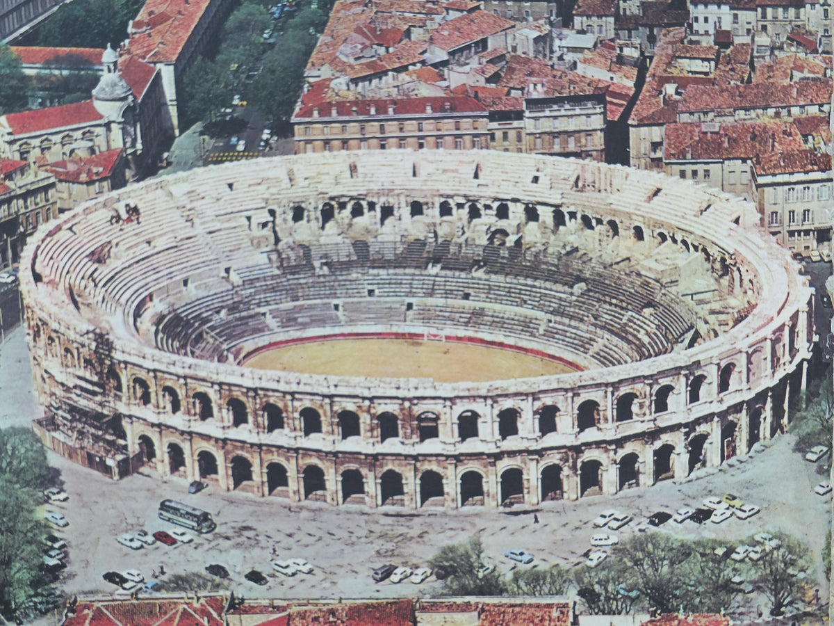 1960s Arena of Nîmes Poster, Provence, France, 1st century Roman amphitheatre architecture, travel wall art decor