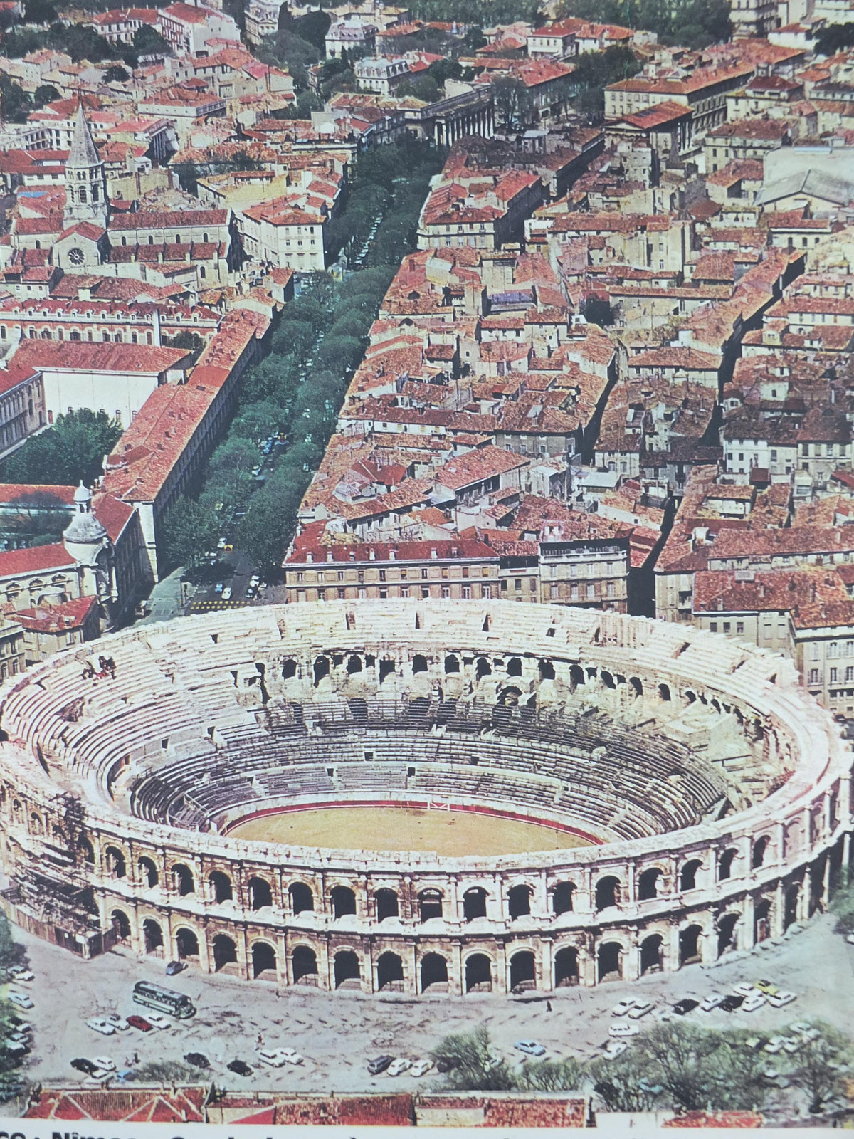 1960s Arena of Nîmes Poster, Provence, France, 1st century Roman amphitheatre architecture, travel wall art decor