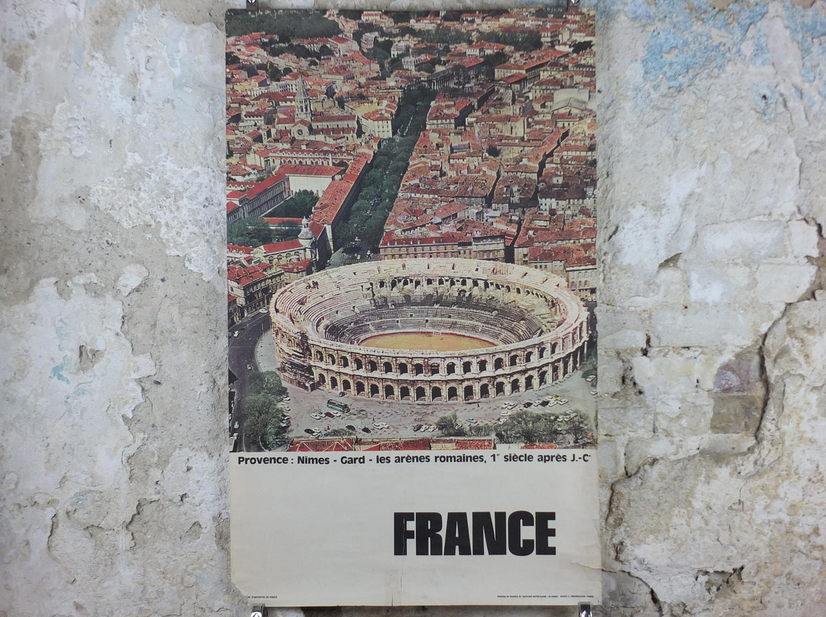 1960s Arena of Nîmes Poster, Provence, France, 1st century Roman amphitheatre architecture, travel wall art decor