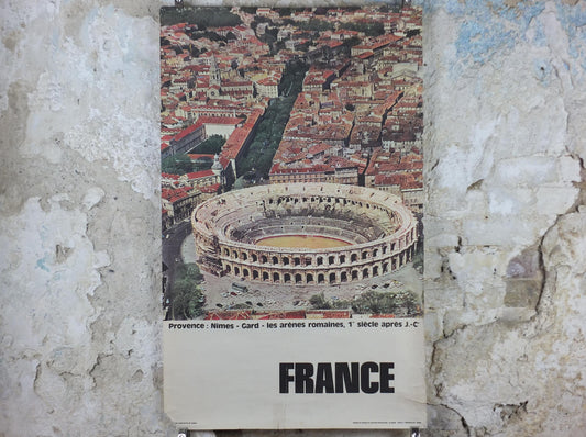 1960s Arena of Nîmes Poster, Provence, France, 1st century Roman amphitheatre architecture, travel wall art decor