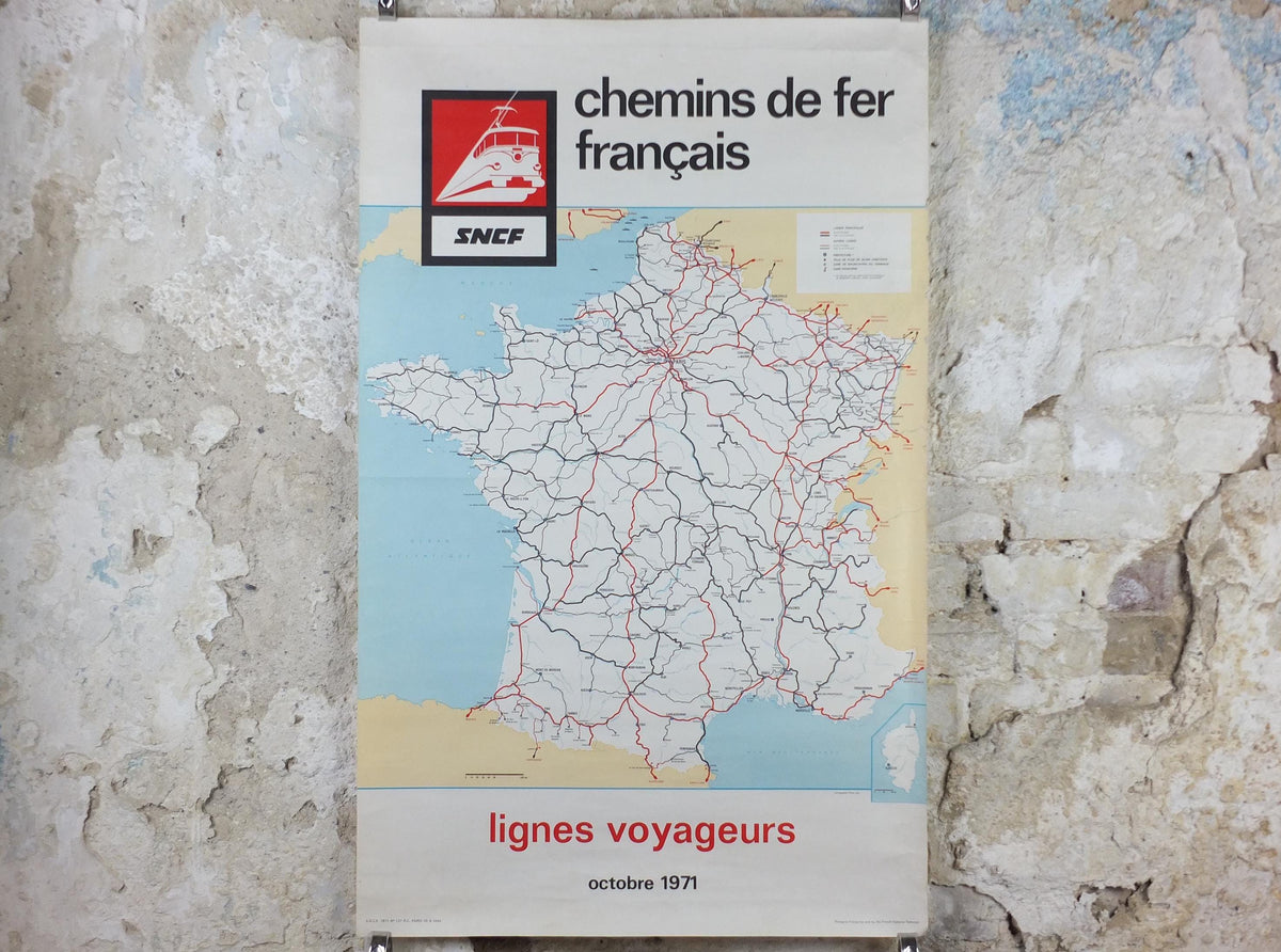 1971 France SNCF Rail Map Poster, French National Railways, Lignes Voyageurs, advertising wall art retro decor