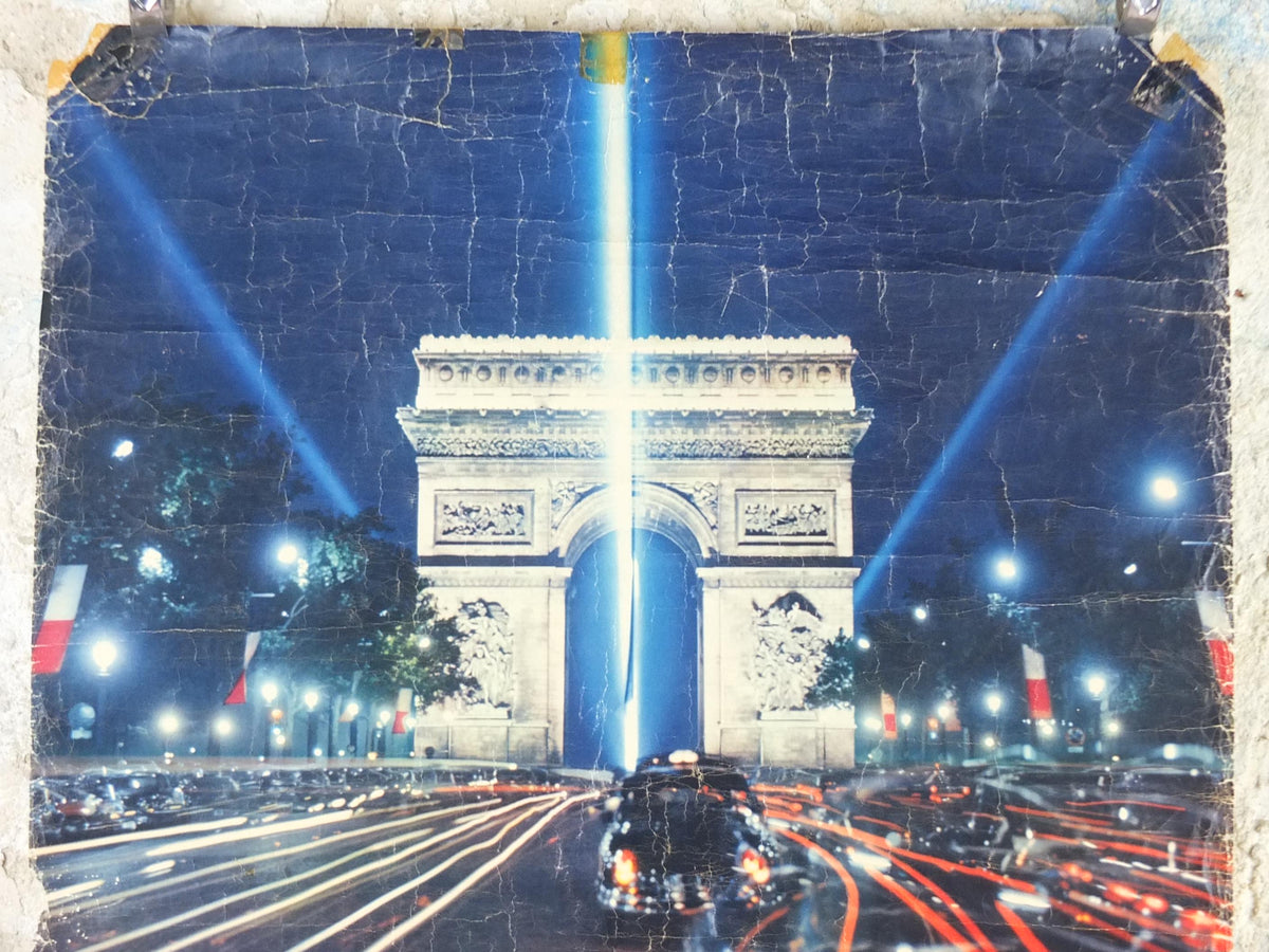 1962 Arc de Triomphe Paris Poster, Champs-Élysées at the centre of Place Charles de Gaulle, France, well worn, travel wall art decor