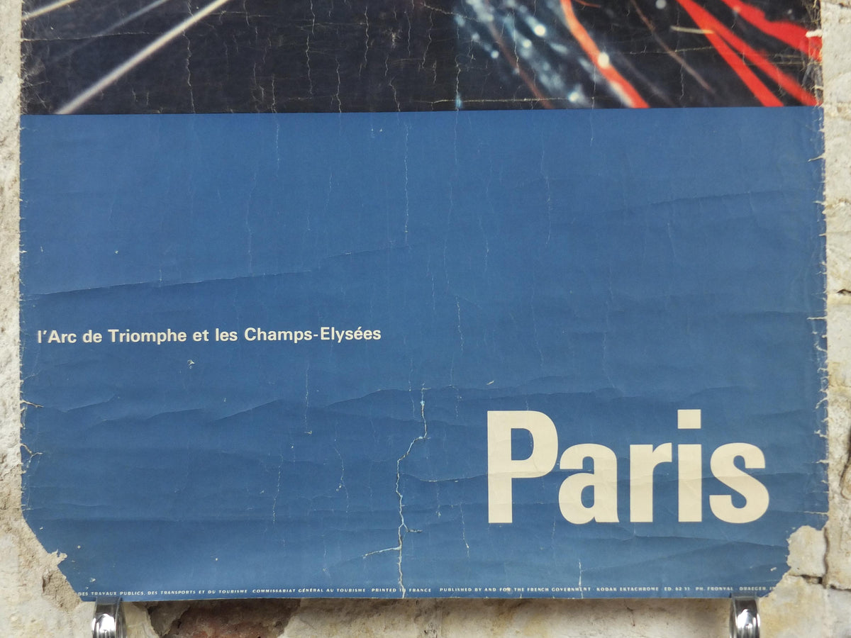 1962 Arc de Triomphe Paris Poster, Champs-Élysées at the centre of Place Charles de Gaulle, France, well worn, travel wall art decor