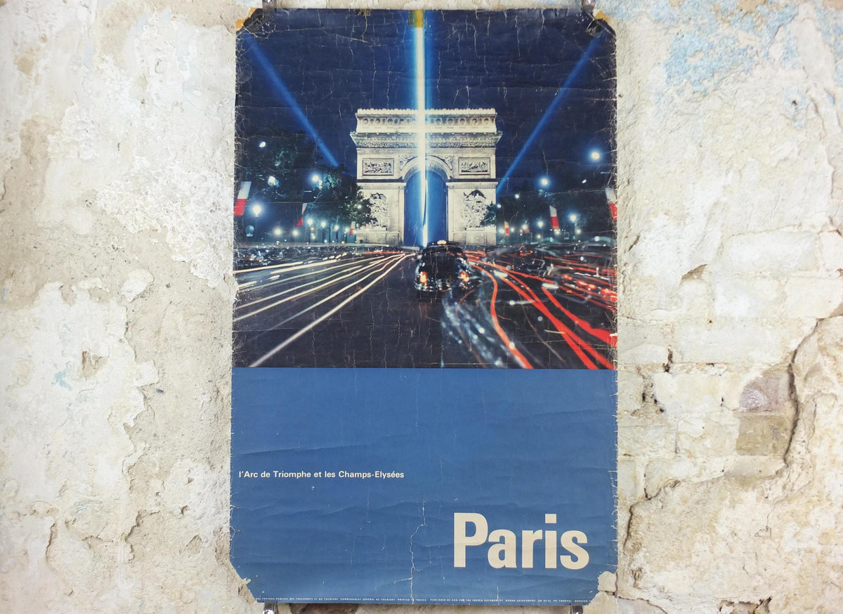 1962 Arc de Triomphe Paris Poster, Champs-Élysées at the centre of Place Charles de Gaulle, France, well worn, travel wall art decor