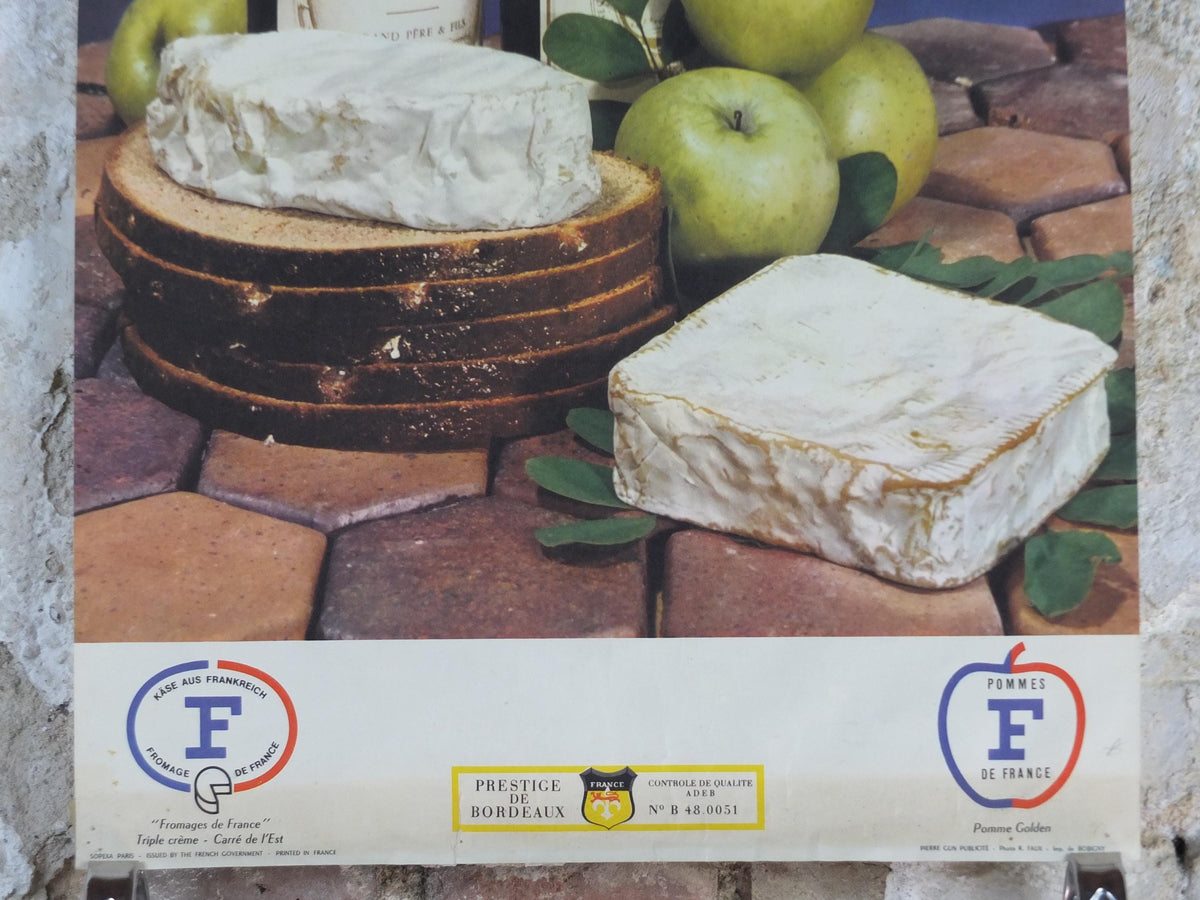 1960s Cheeses of France Poster, soft cheeses with apples, Fromages de France, cheesemaking, Bordeaux viticulture, kitchenalia wall art decor
