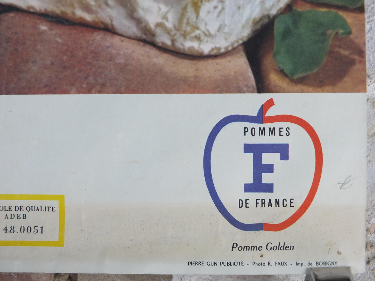 1960s Cheeses of France Poster, soft cheeses with apples, Fromages de France, cheesemaking, Bordeaux viticulture, kitchenalia wall art decor