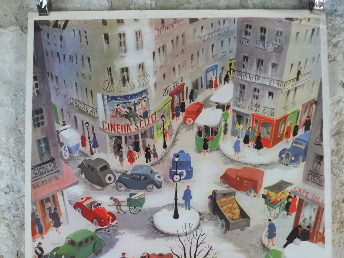 French Crossroads of a City Poster, Urban Street Scenes by Helene Poirie, Carrefour d'une Ville, Editions Bourrelier, wall art retro decor