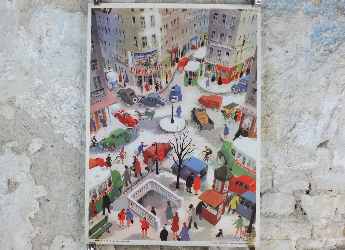 French Crossroads of a City Poster, Urban Street Scenes by Helene Poirie, Carrefour d'une Ville, Editions Bourrelier, wall art retro decor