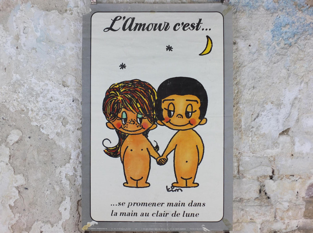 1973 Love is .... Poster, Love is walking hand in hand in the moonlight, L'Amour c'est by Kim Casali, Verkerke, French wall art decor