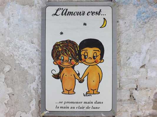 1973 Love is .... Poster, Love is walking hand in hand in the moonlight, L'Amour c'est by Kim Casali, Verkerke, French wall art decor