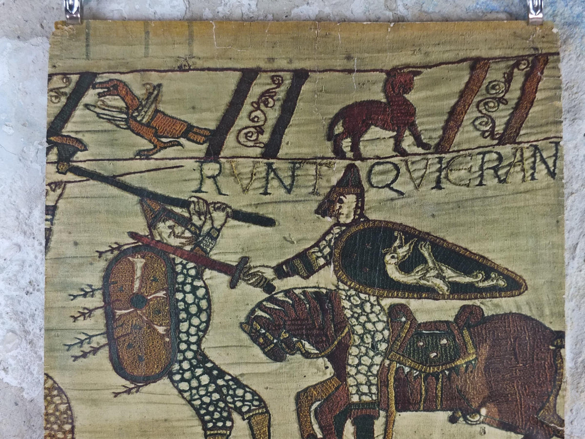 1962 Bayeux Tapestry Poster, Embroidery of the Norman Conquest of England, France, well worn, travel wall art decor