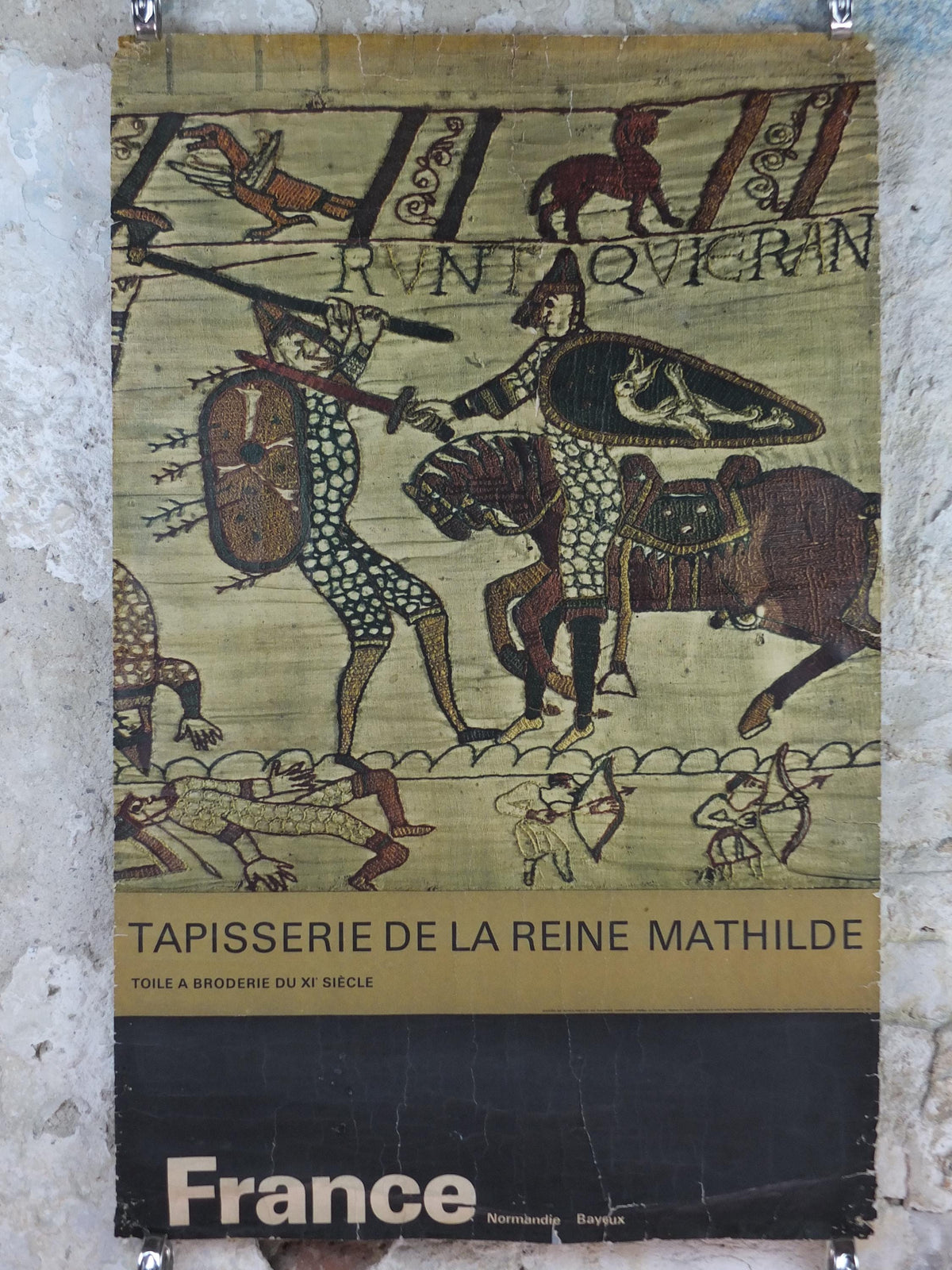 1962 Bayeaux Tapestry Poster, Embroidery of the Norman Conquest of England, France, well worn, travel wall art decor