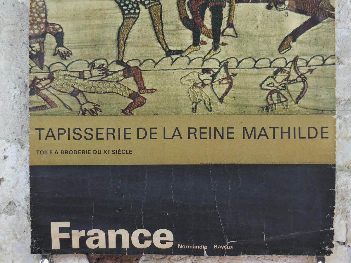 1962 Bayeux Tapestry Poster, Embroidery of the Norman Conquest of England, France, well worn, travel wall art decor