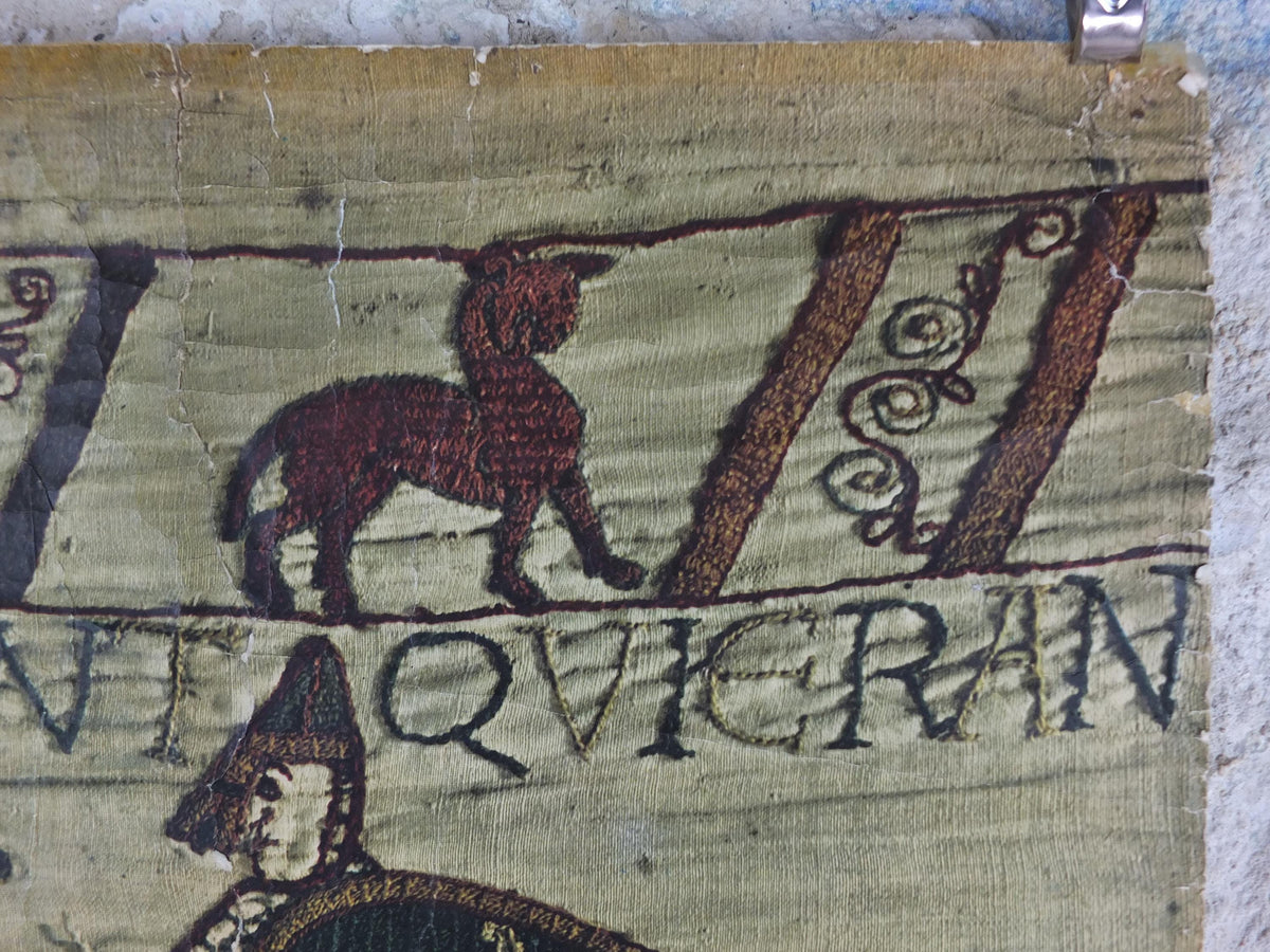 1962 Bayeux Tapestry Poster, Embroidery of the Norman Conquest of England, France, well worn, travel wall art decor
