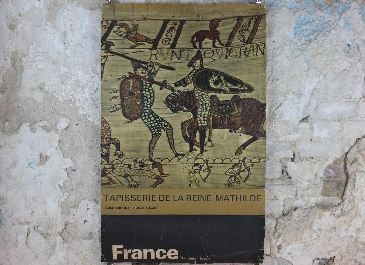 1962 Bayeux Tapestry Poster, Embroidery of the Norman Conquest of England, France, well worn, travel wall art decor