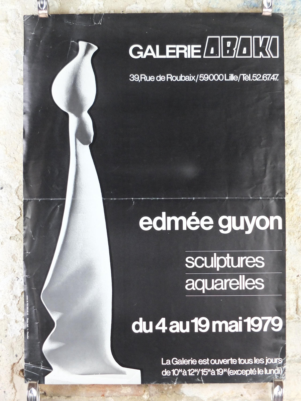 1979 Edmée Guyon Poster, Woman balancing a pot on her head sculpture, artist gallery exhibition, wall art decor