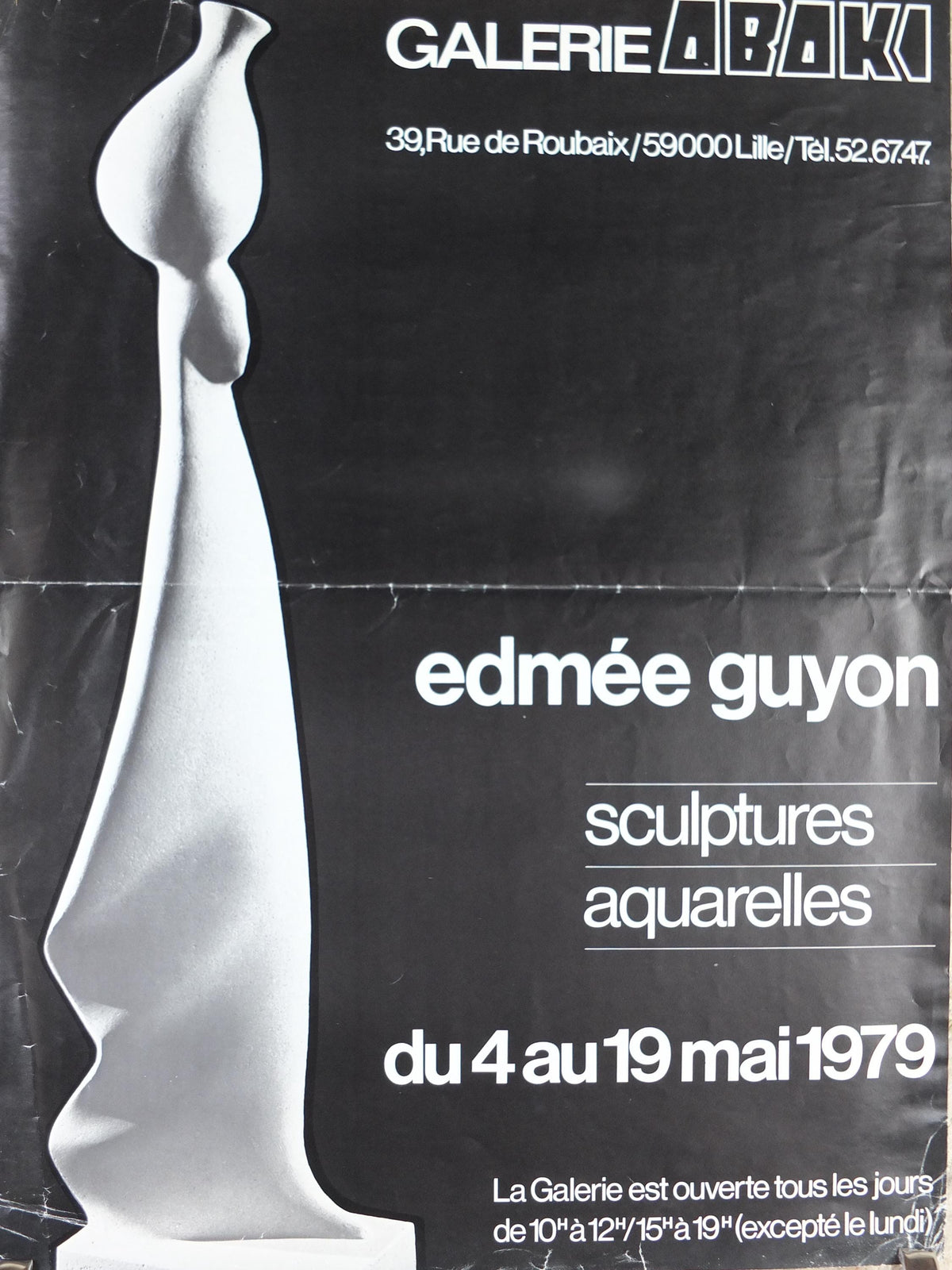 1979 Edmée Guyon Poster, Woman balancing a pot on her head sculpture, artist gallery exhibition, wall art decor