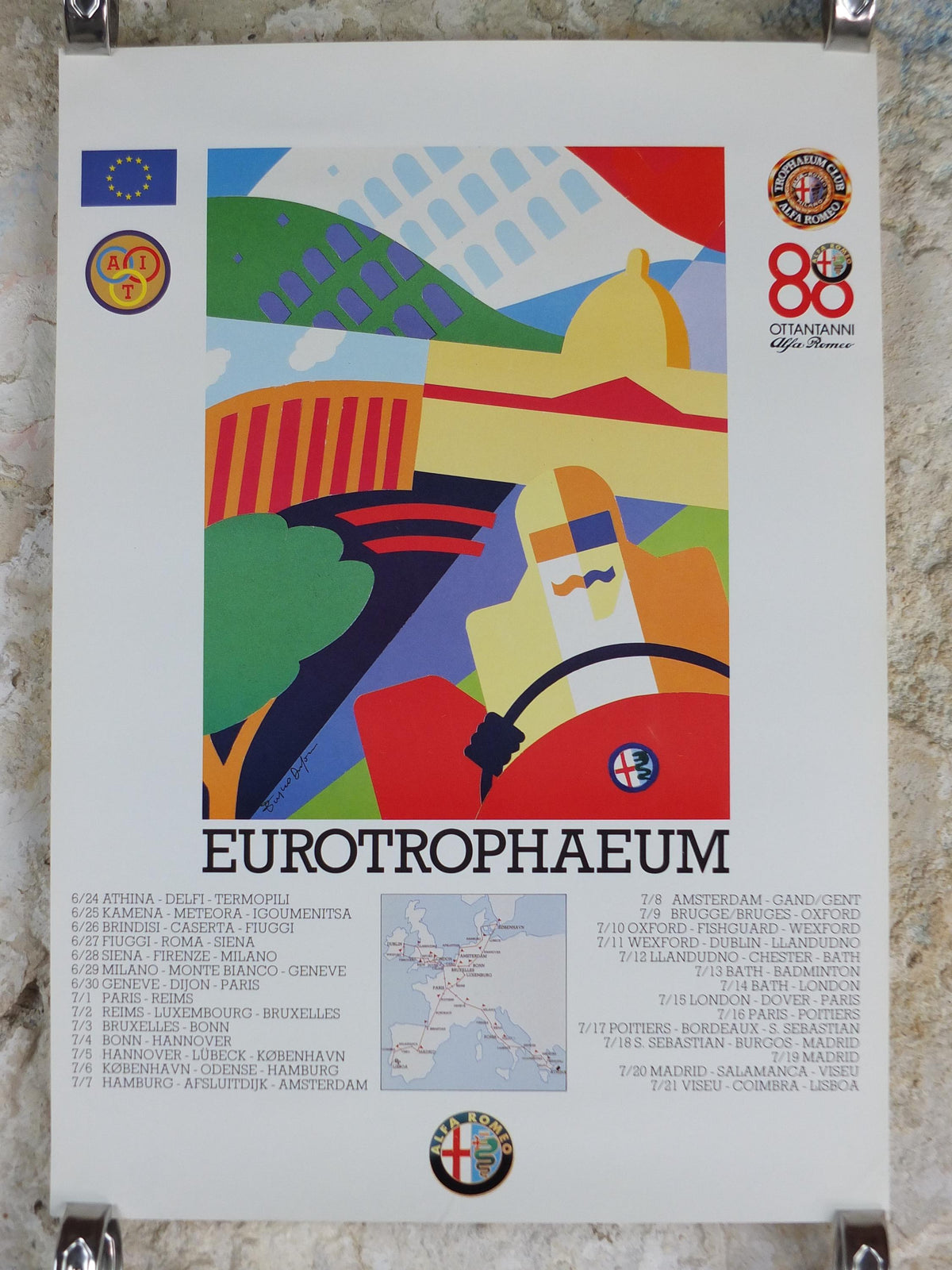 1990 Alfa Romeo Italy Poster, Rome Eurotrophaeum, 80 year anniversary, Ottantanni, art deco style by Enrico Dordoni, wall art decor