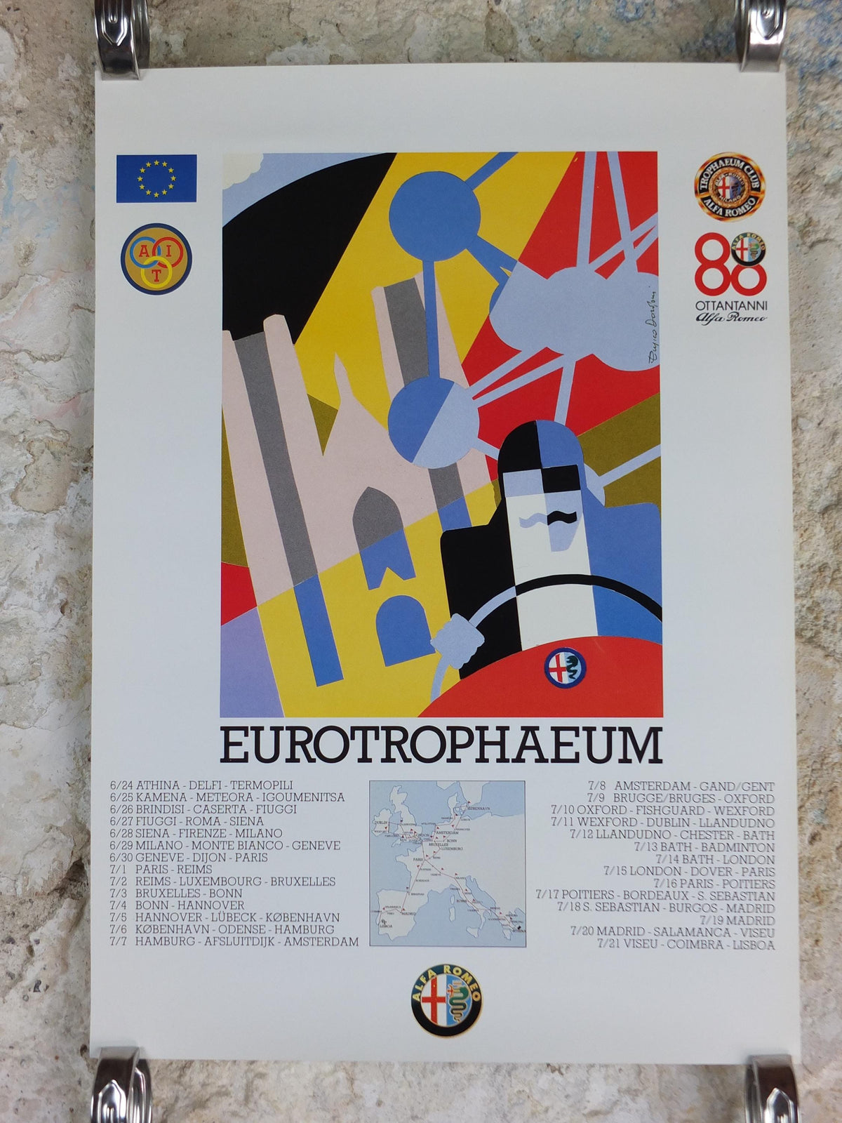 1990 Alfa Romeo Belgium Poster, Brussels Eurotrophaeum, 80th anniversary, Ottantanni, art deco style by Enrico Dordoni, wall art decor